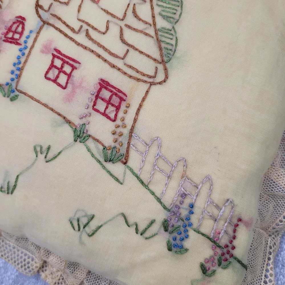 Vintage Embroidery Pillow with Lace Edges 12x12 Shabby Chic Cottagecore‎ Yellow